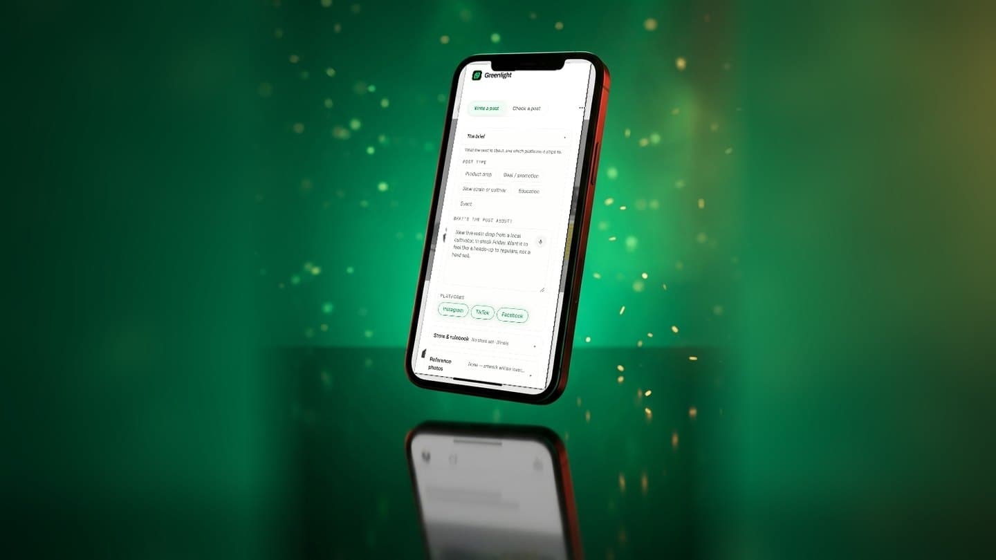 Greenlight on a phone: the brief screen where a dispensary describes a post before it is written against the Illinois rules.