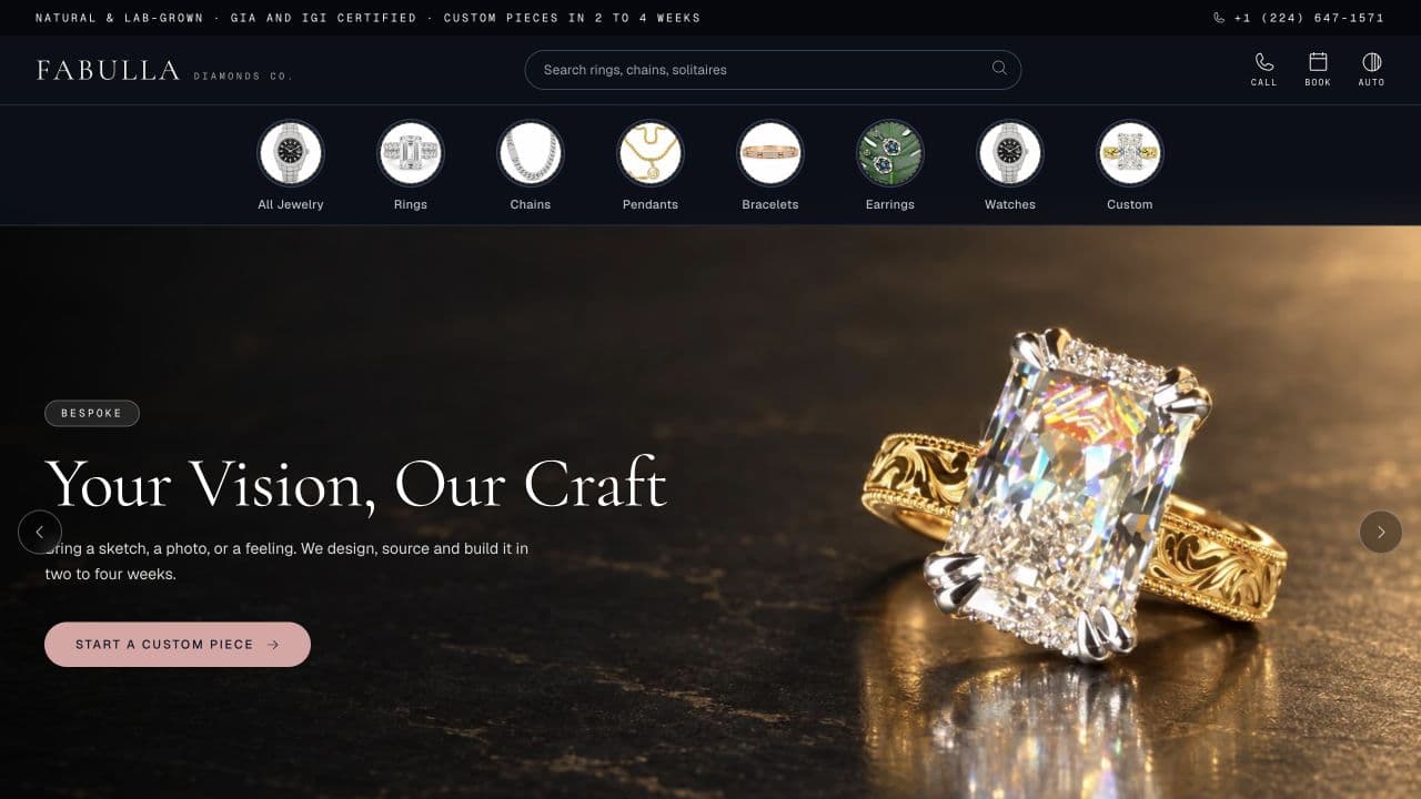 Fabulla Diamonds Co. jewelry storefront with a custom diamond ring in the hero.