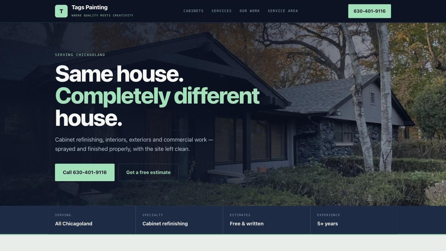 Tags Painting homepage: a freshly painted dark grey house behind the headline Same house, completely different house.