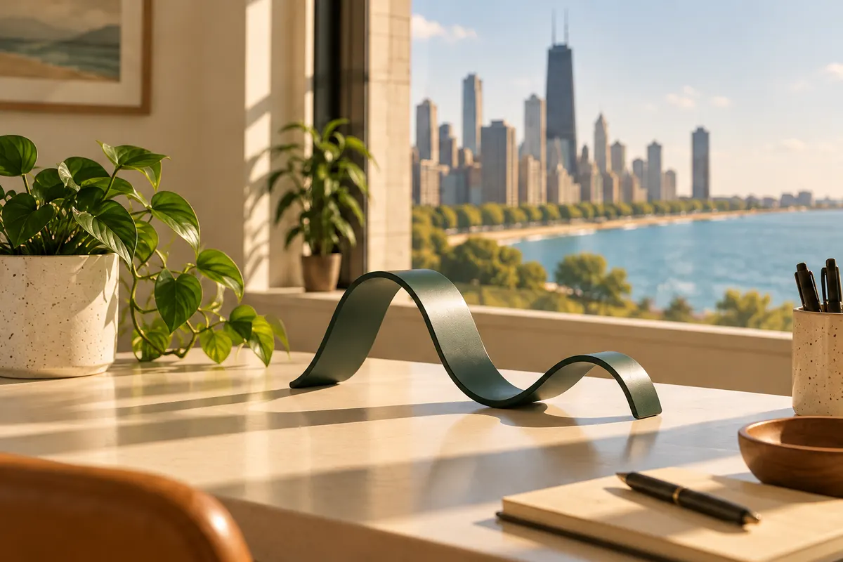 Chicago lakefront and a forest-green wave sculpture in warm daylight. Generated brand artwork.