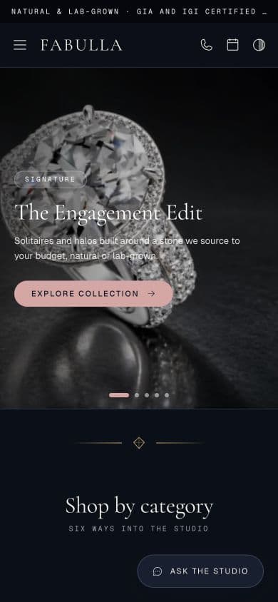 Fabulla Diamonds Co. mobile homepage featuring a diamond ring and the Engagement Edit collection.